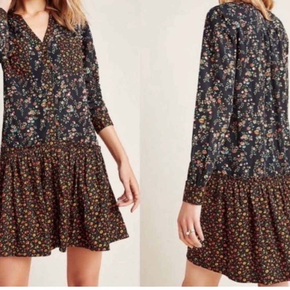 Maeve Anthropologie Floral Mixed Print DropWaist Button Front Lyocell DressSize2